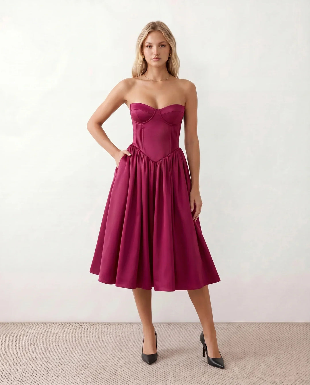 Viveca | Basque Waist Strapless Midi Dress