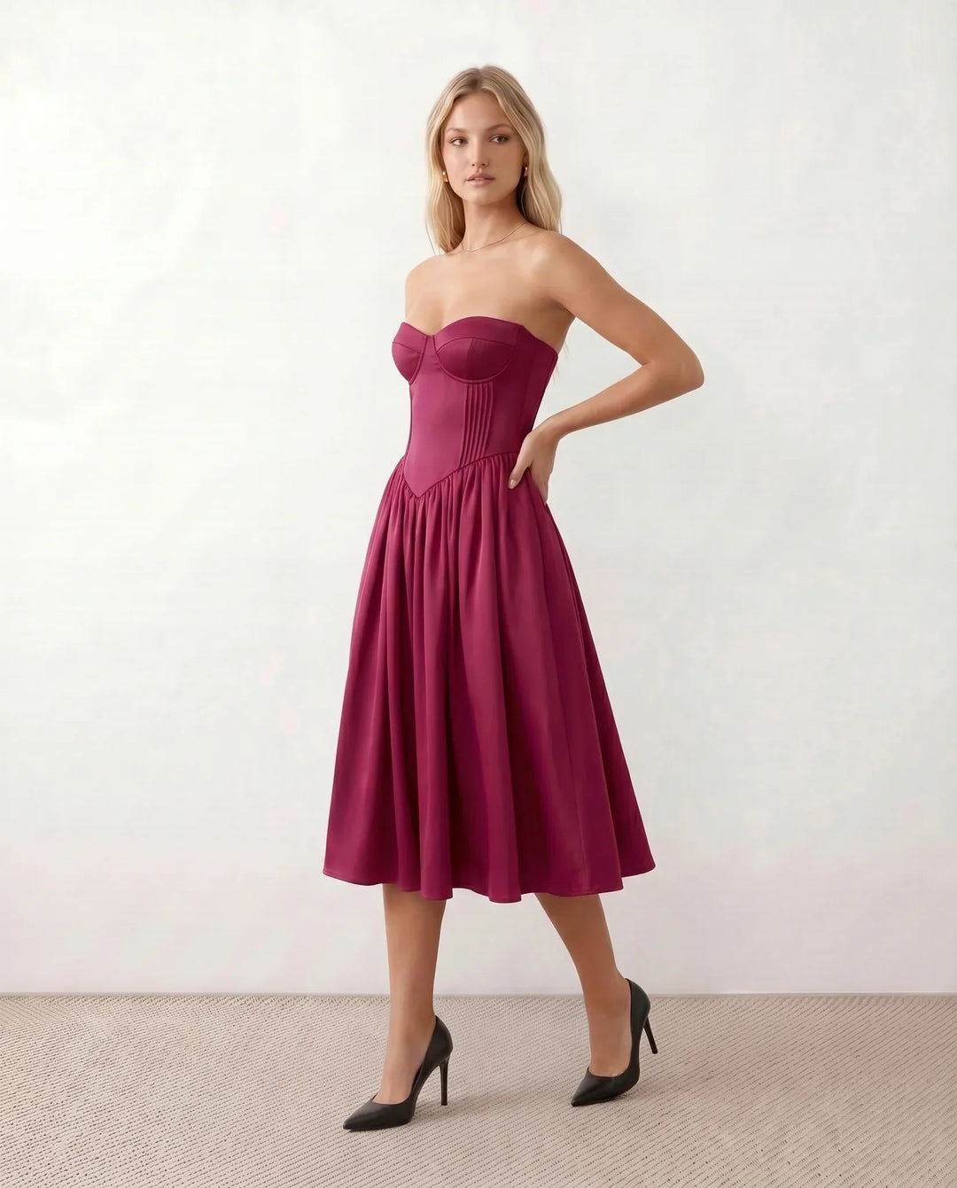 Viveca | Basque Waist Strapless Midi Dress