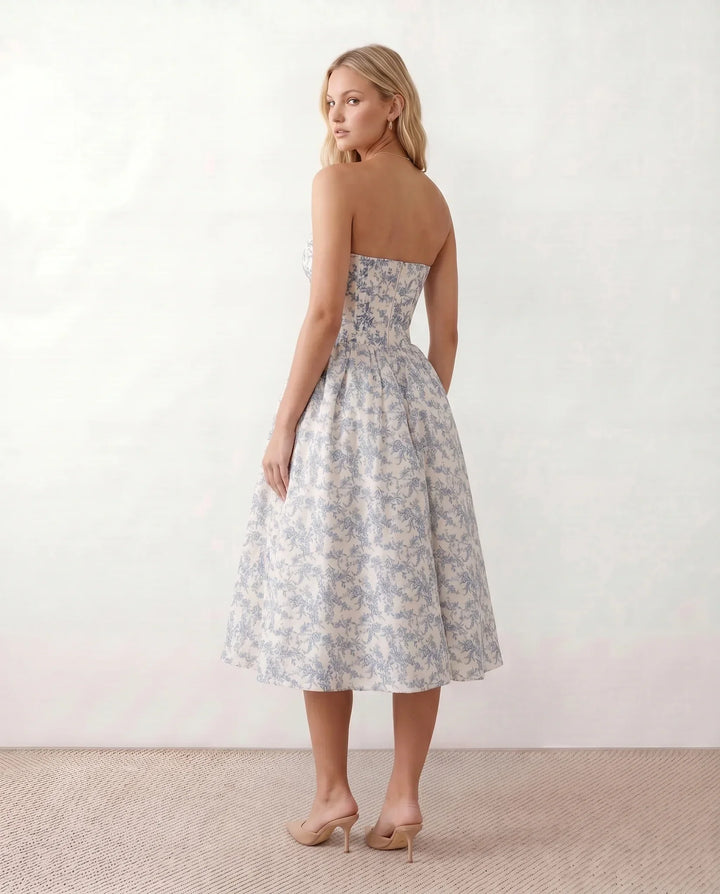 Viveca | Basque Waist Strapless Midi Dress