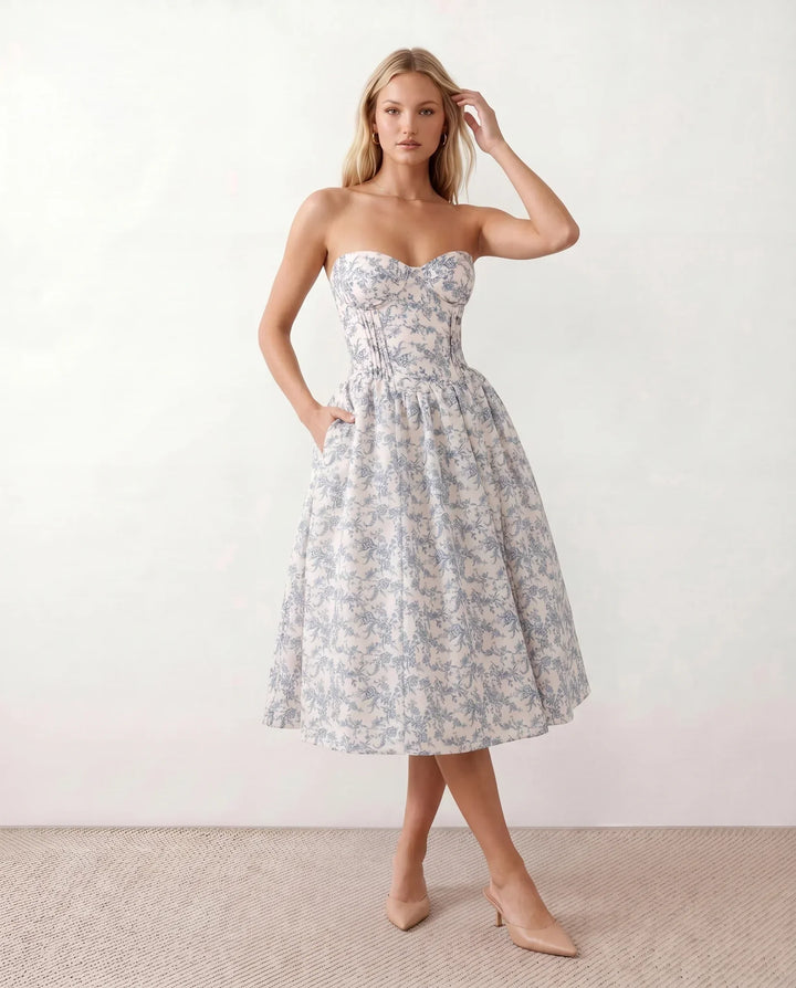 Viveca | Basque Waist Strapless Midi Dress