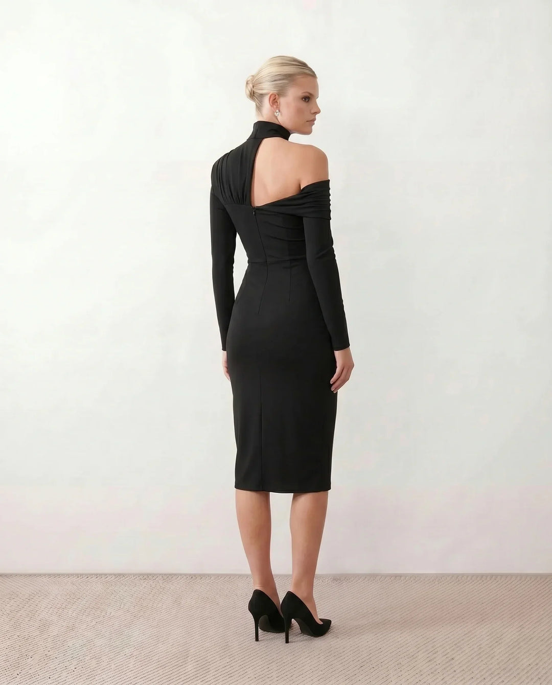 Priya | Asymmetric Neck Open Back Midi Dress