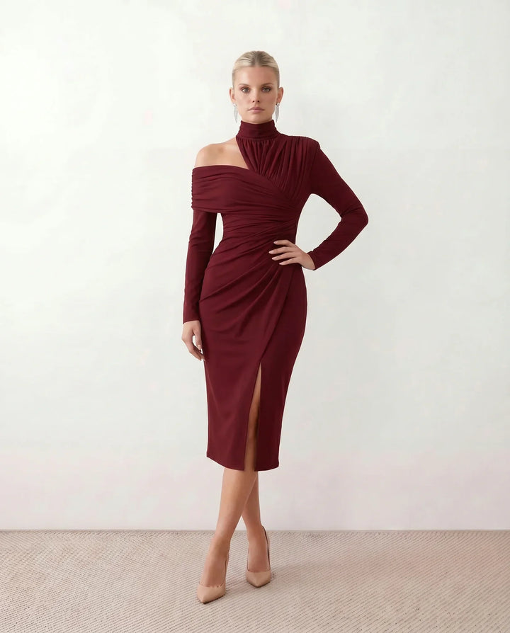 Priya | Asymmetric Neck Open Back Midi Dress