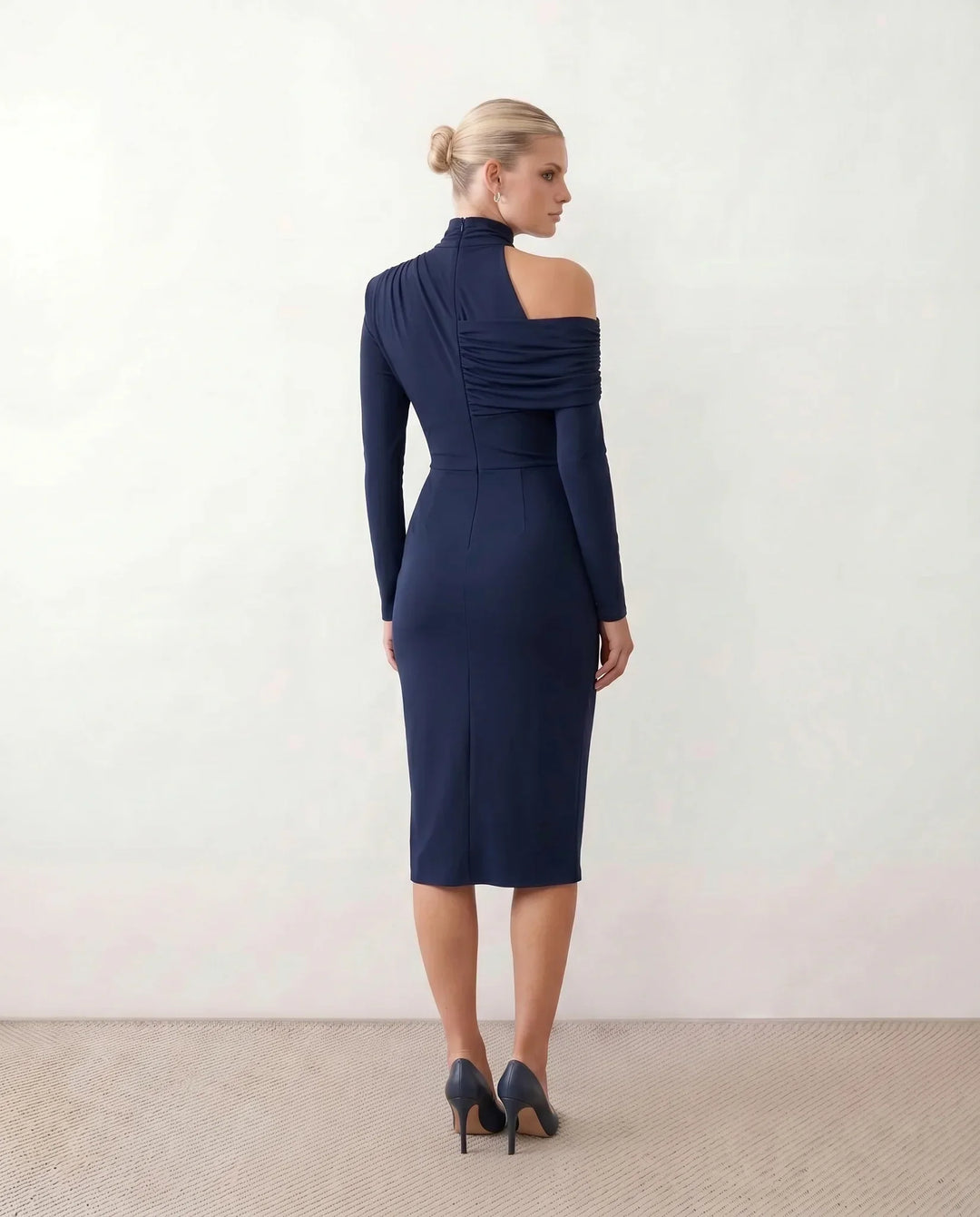Priya | Asymmetric Neck Open Back Midi Dress