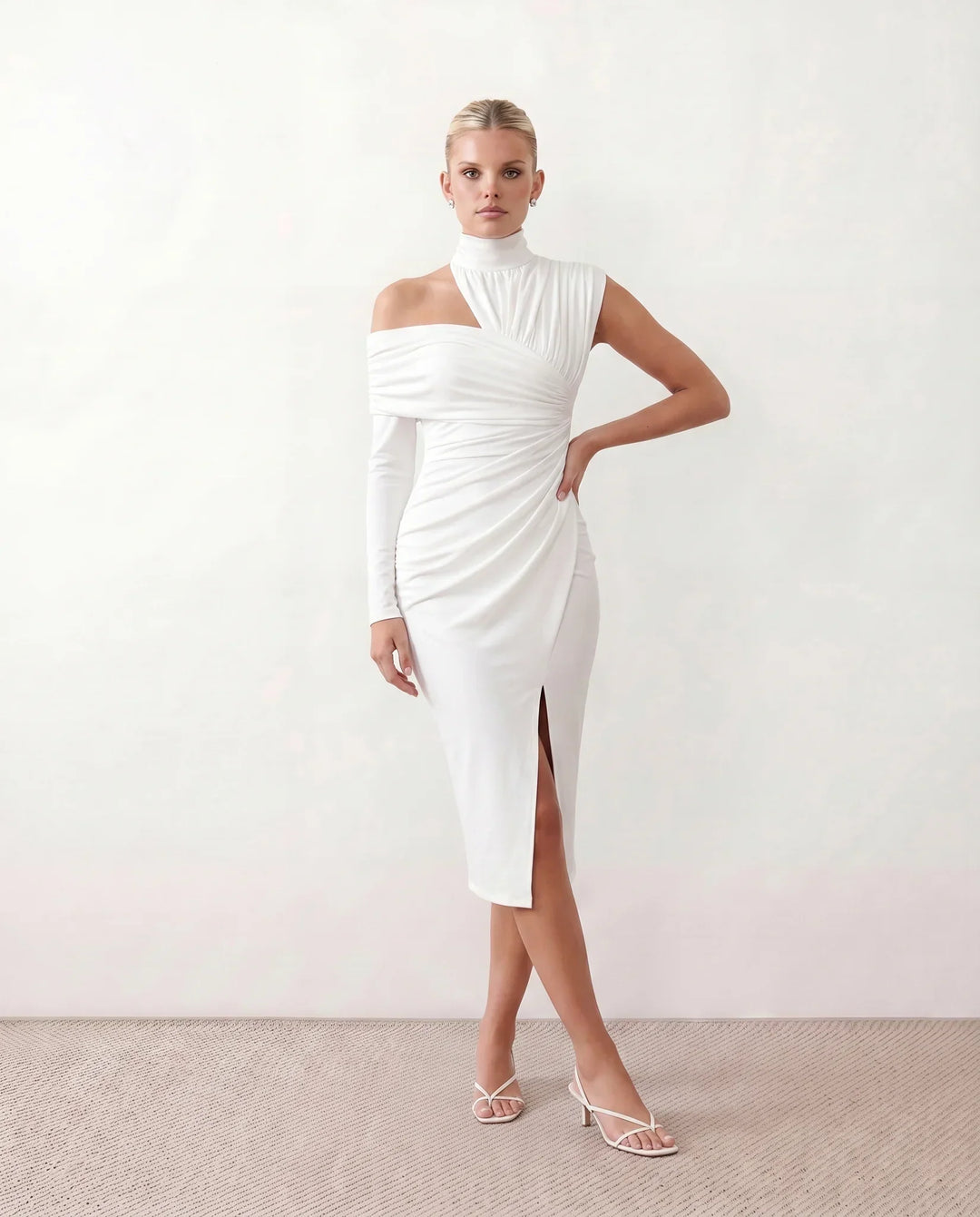 Priya | Asymmetric Neck Open Back Midi Dress