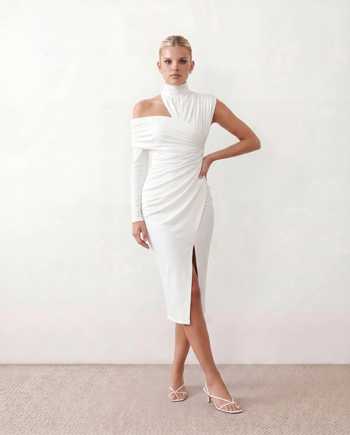 Priya | Asymmetric Neck Open Back Midi Dress