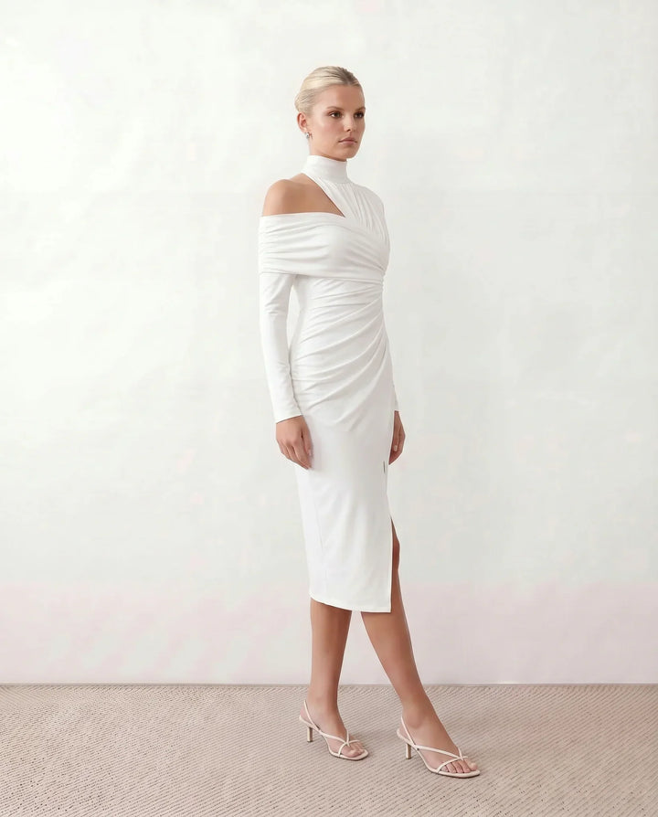Priya | Asymmetric Neck Open Back Midi Dress