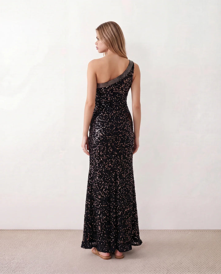 Nadia | Sequined Asymmetric Neck Maxi Dress