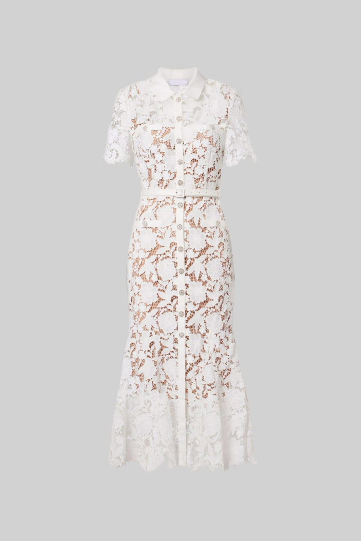 Faye | Lace Short Sleeve Belted Midi Dress