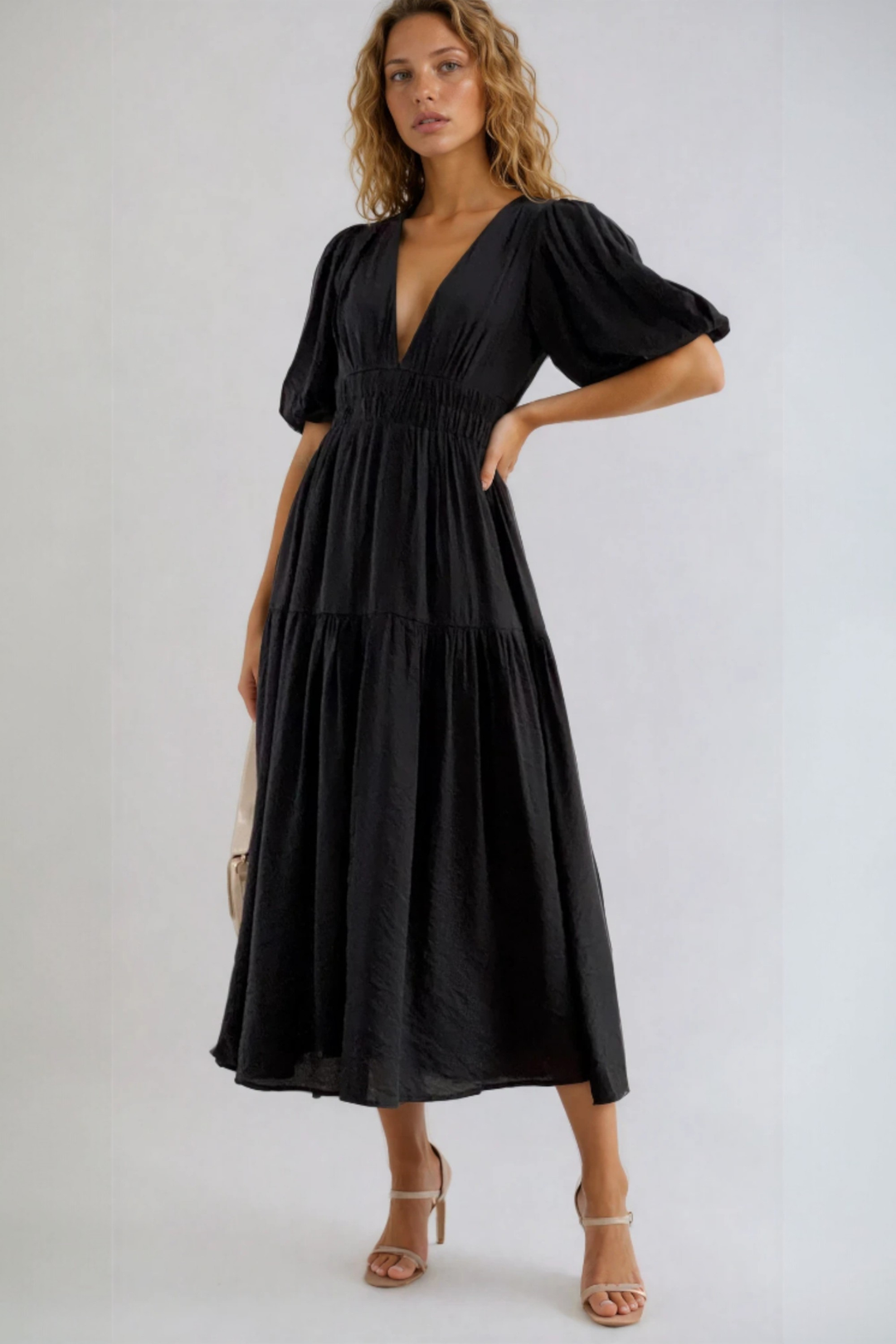 Indie | Midi Dress with V-Neck and Puff Sleeves