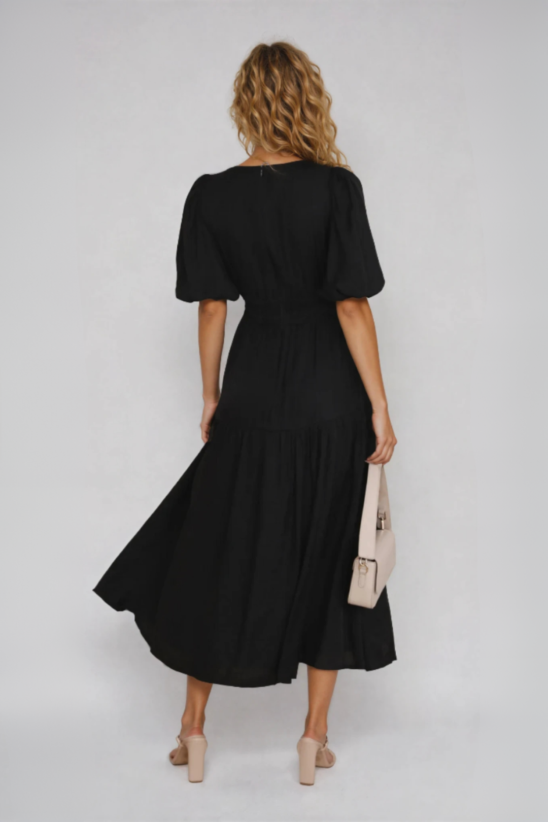 Indie | Midi Dress with V-Neck and Puff Sleeves