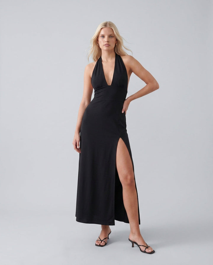 Cleo | Halter Plunge Neck Maxi Dress