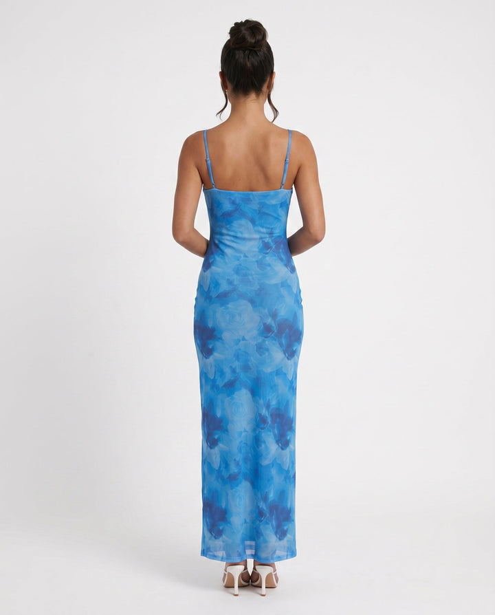 Leona | Spaghetti Strap Lace-Up Abstract Print Maxi Dress
