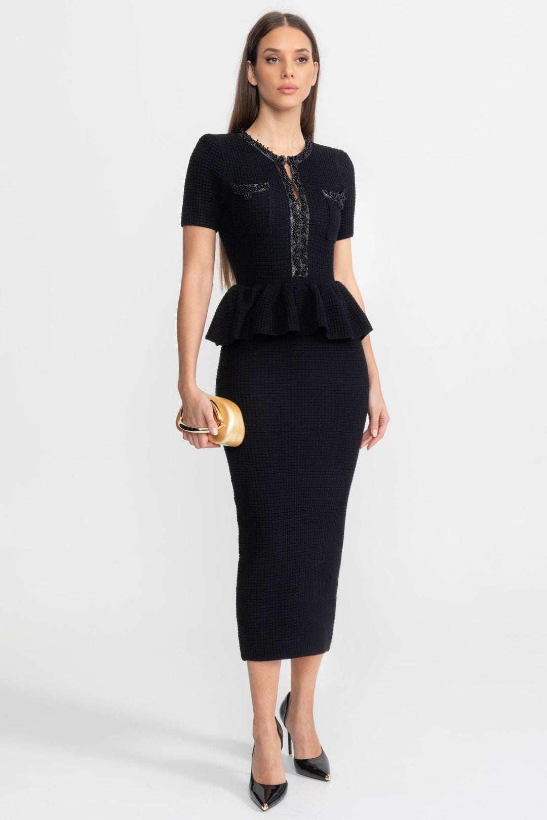 Harlow | Peplum Waist Textured Knit Midi Dress