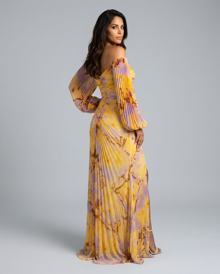 Elodie | Off-Shoulder Pleated Print Maxi Dress