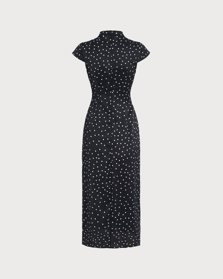 Noor | Mandarin Collar Polka Dot Midi Dress