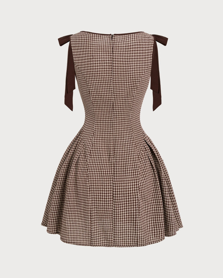 Coralie | Brown Gingham Tie Strap Mini Dress