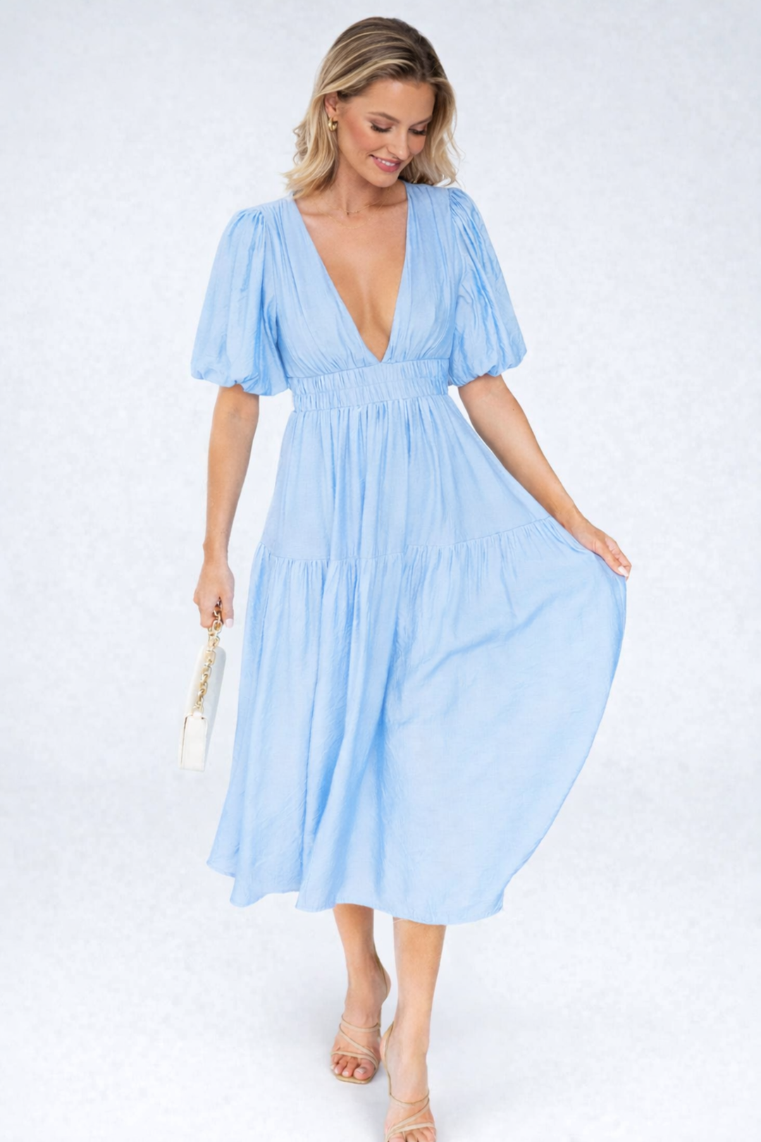 Indie | Midi Dress with V-Neck and Puff Sleeves