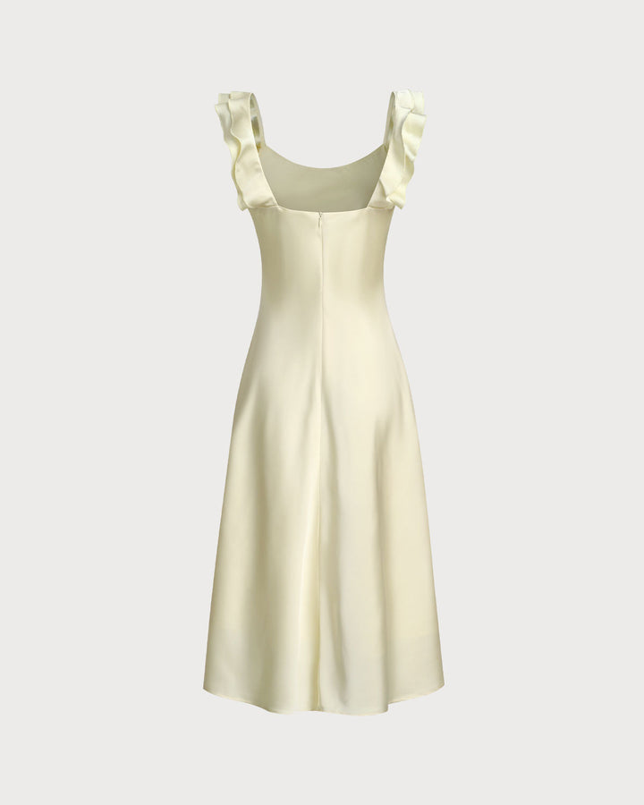 Nadia | Square Neck Ruffle Satin Midi Dress