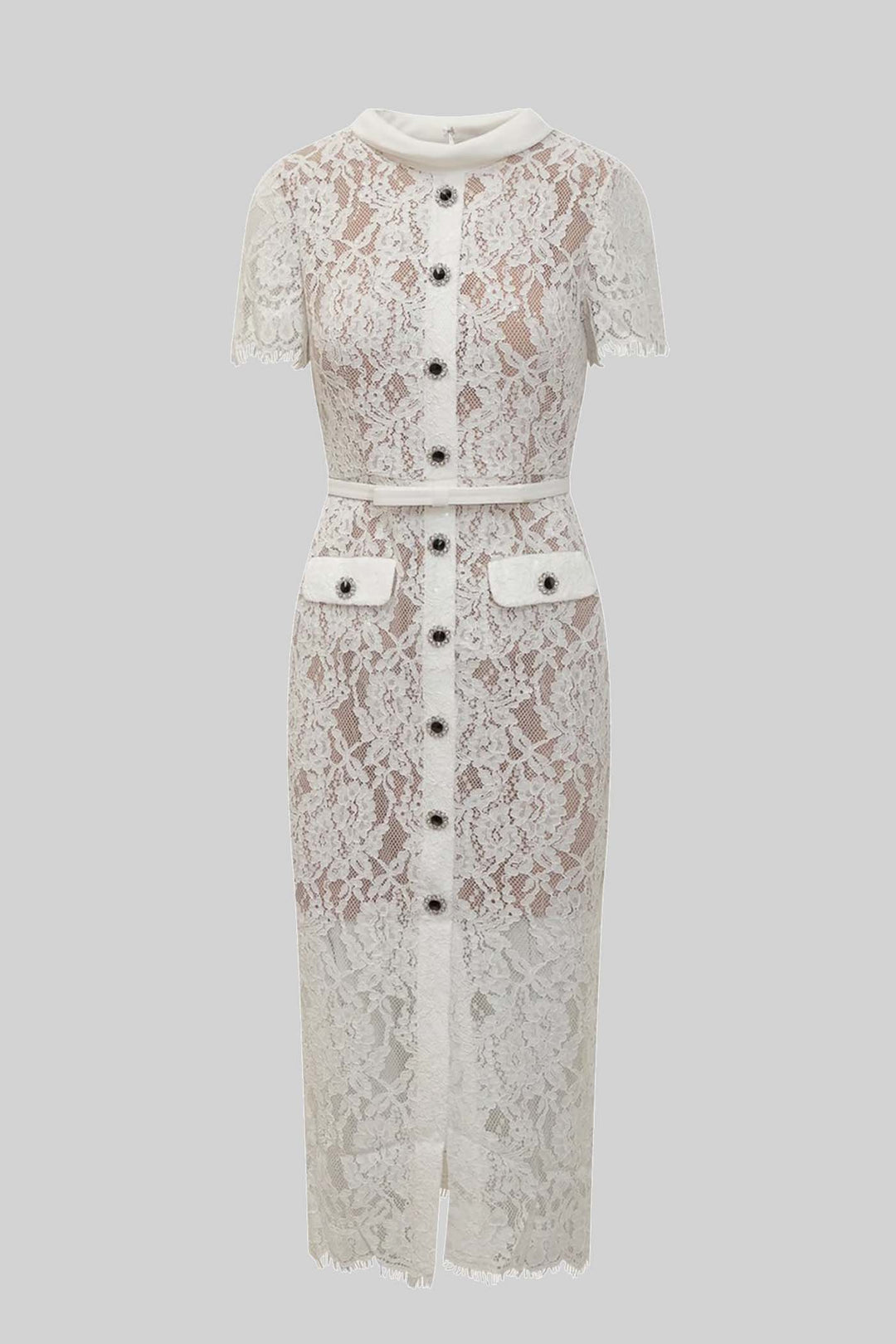 Viola | Short Sleeve Lace Belted Midi Dress