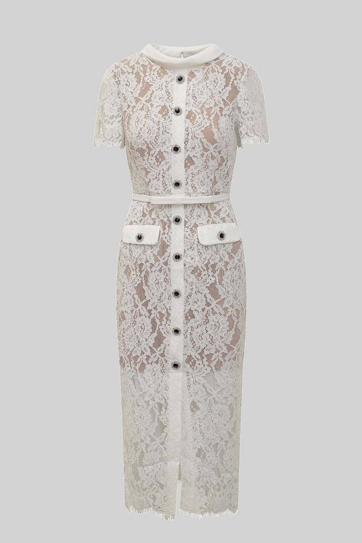 Viola | Short Sleeve Lace Belted Midi Dress
