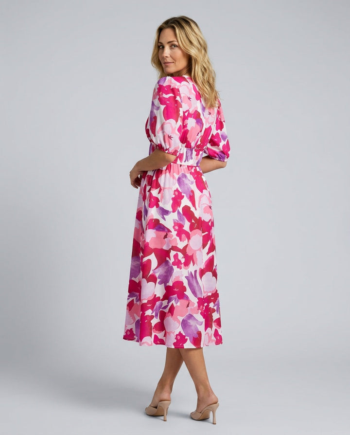 Mira | V-Neck Puff Sleeve Pleated Midi Dress