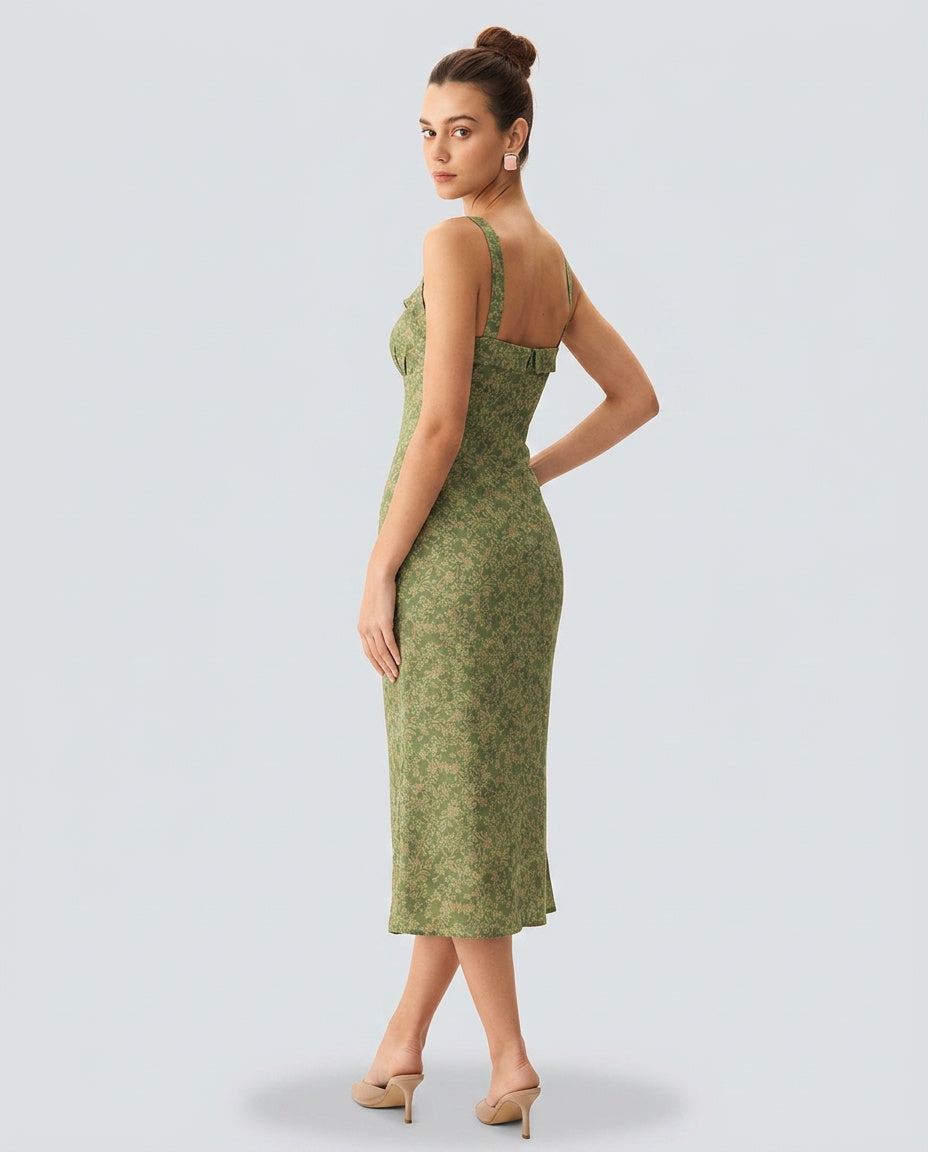 Valentina | Floral Square Neck Spaghetti Strap Midi Dress