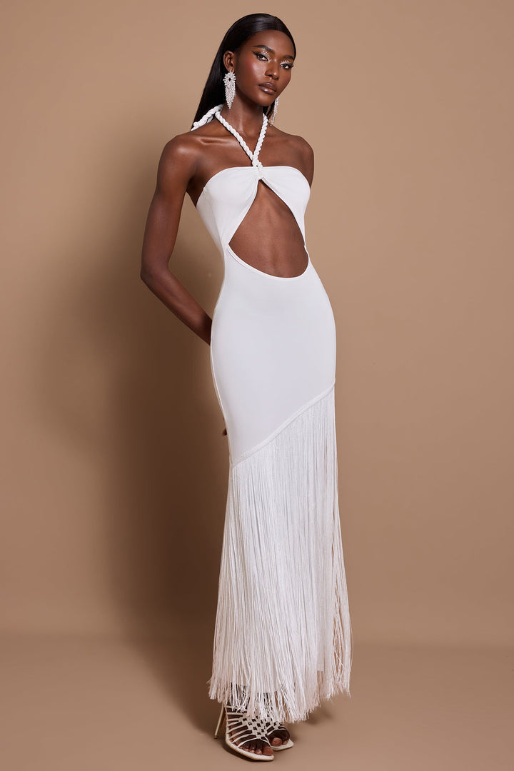 Maeve | Halter Neck Cut-Out Tassel Maxi Dress