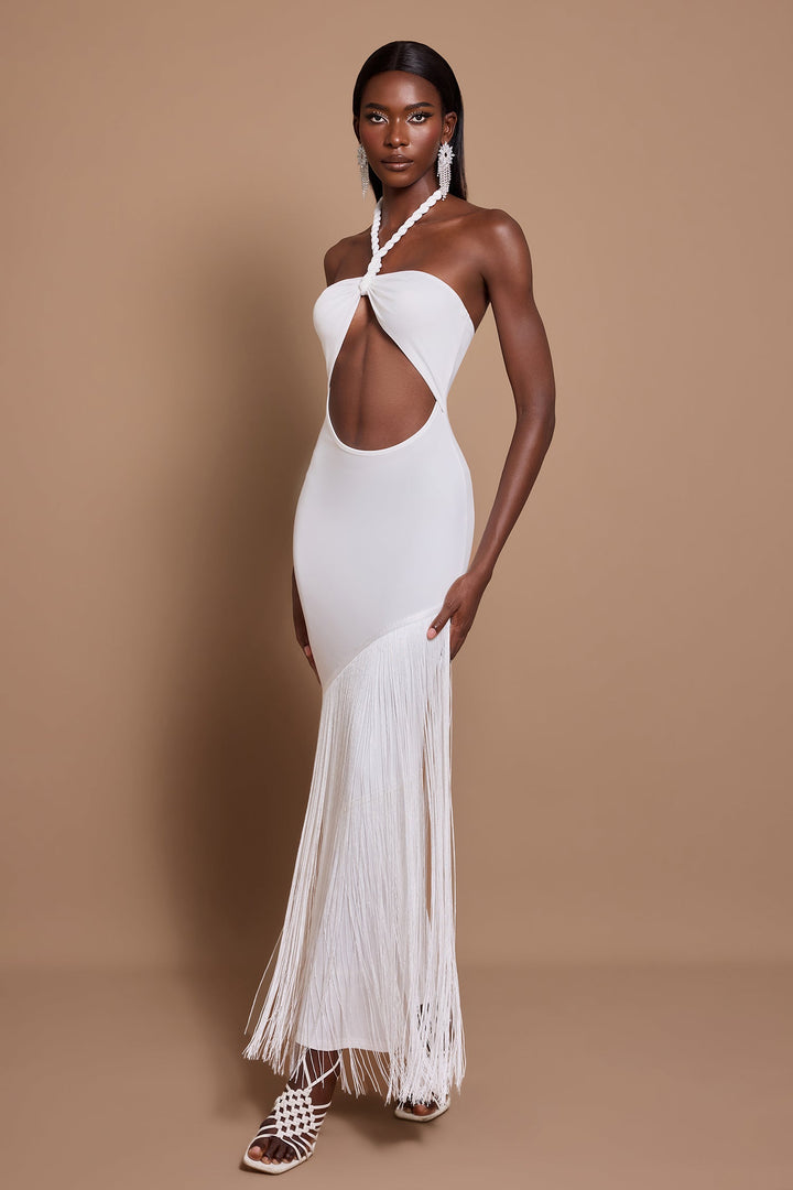 Maeve | Halter Neck Cut-Out Tassel Maxi Dress