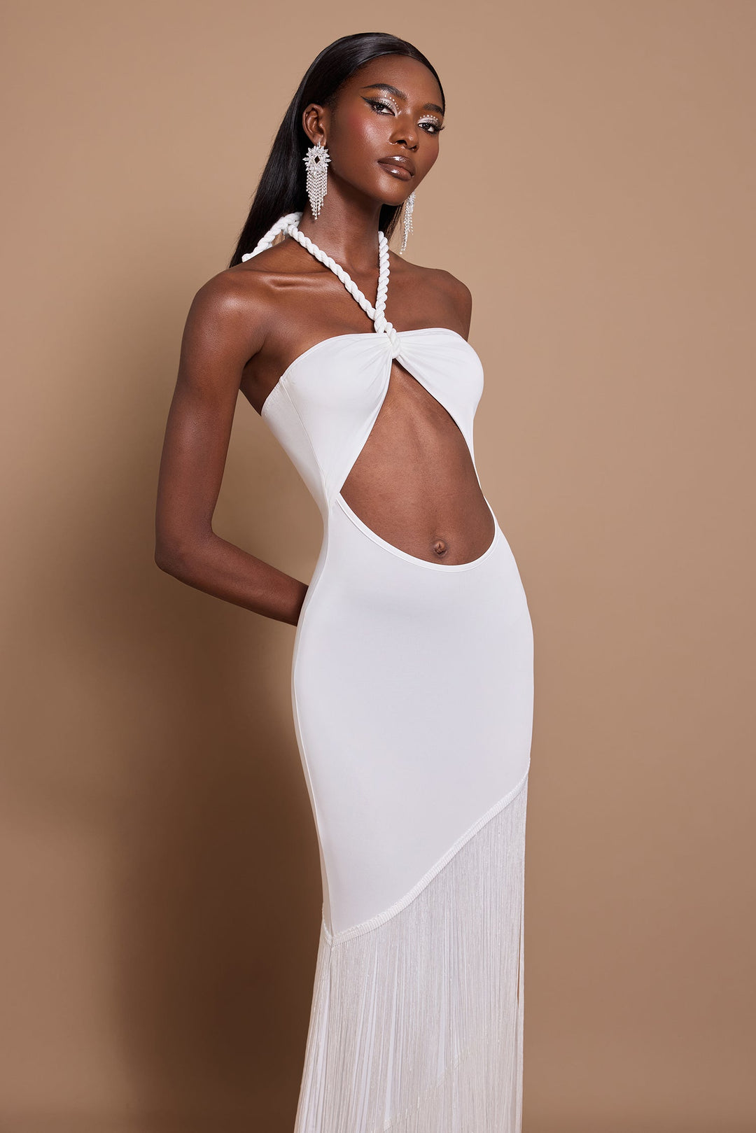Maeve | Halter Neck Cut-Out Tassel Maxi Dress