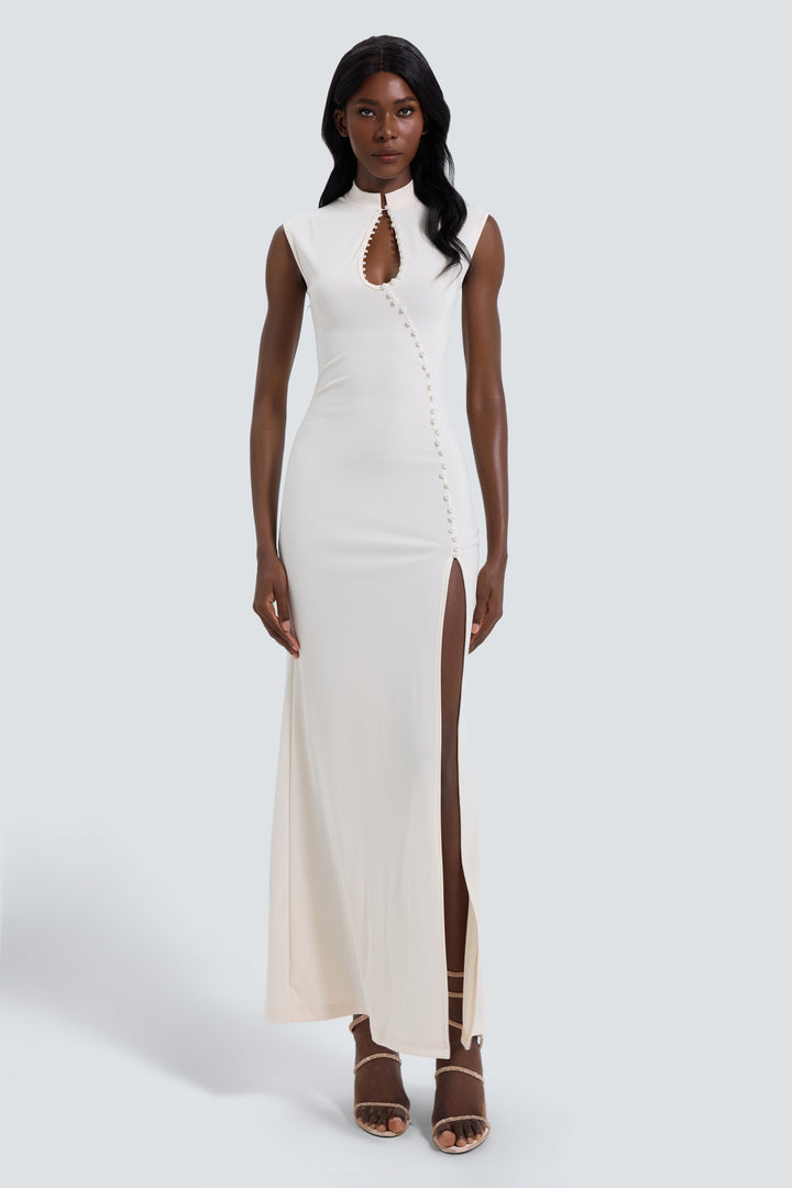 Verity | Faux Pearl Beaded Slit Maxi Dress
