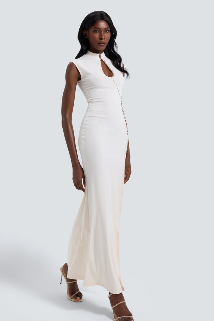 Verity | Faux Pearl Beaded Slit Maxi Dress