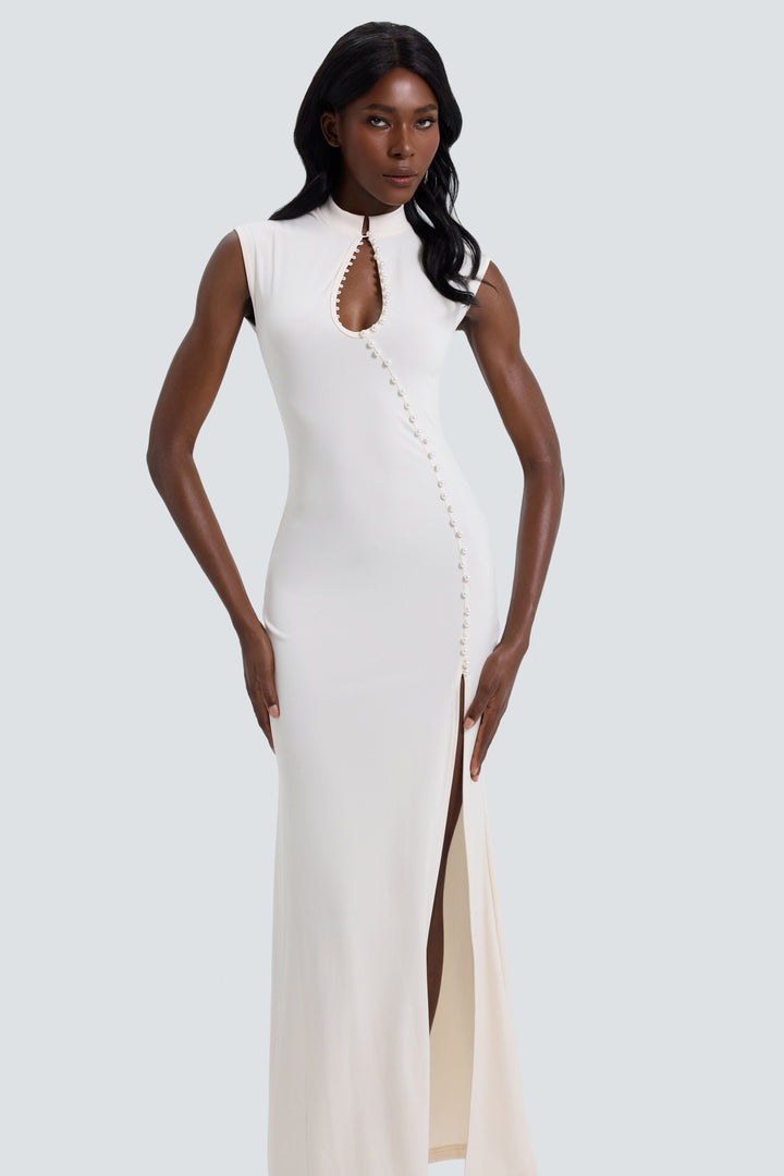 Verity | Faux Pearl Beaded Slit Maxi Dress