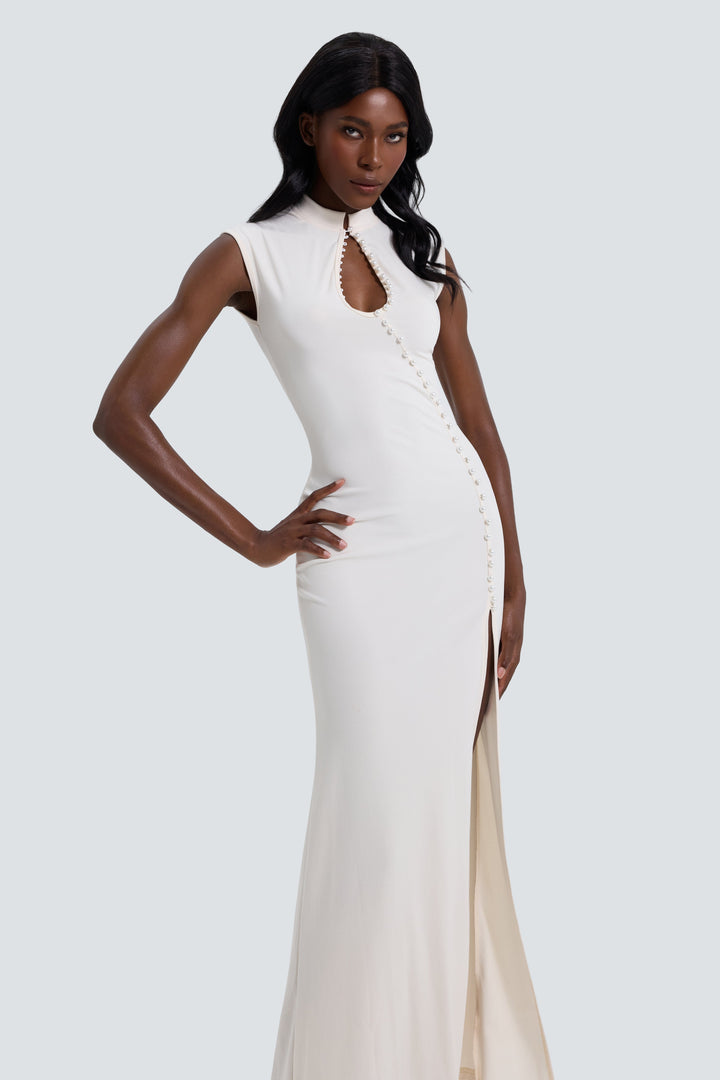 Verity | Faux Pearl Beaded Slit Maxi Dress
