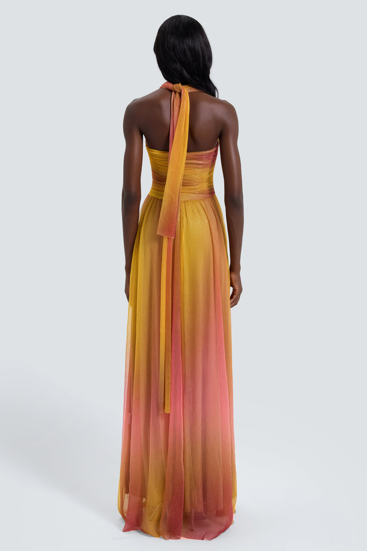 Valentina | Metallic Pleated Cutout Halter Maxi Dress