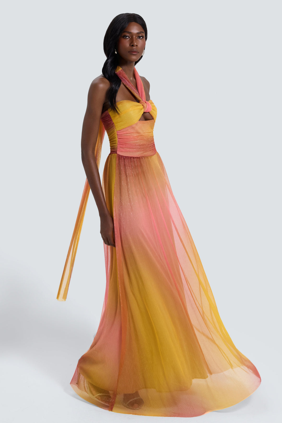 Valentina | Metallic Pleated Cutout Halter Maxi Dress
