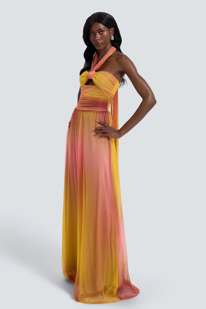 Valentina | Metallic Pleated Cutout Halter Maxi Dress