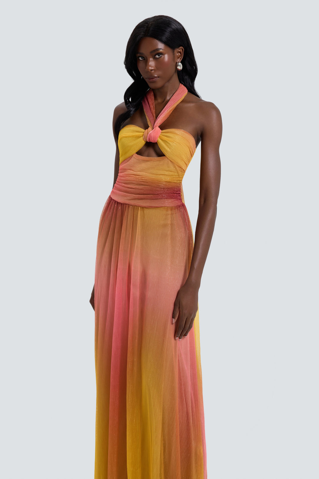 Valentina | Metallic Pleated Cutout Halter Maxi Dress
