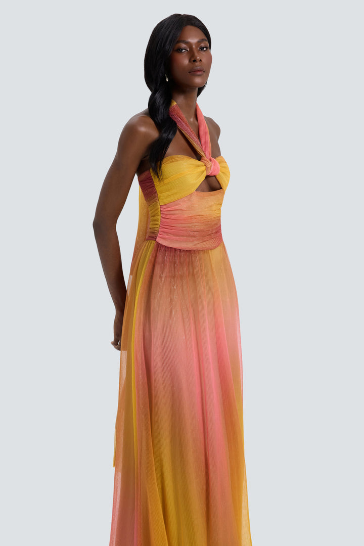 Valentina | Metallic Pleated Cutout Halter Maxi Dress