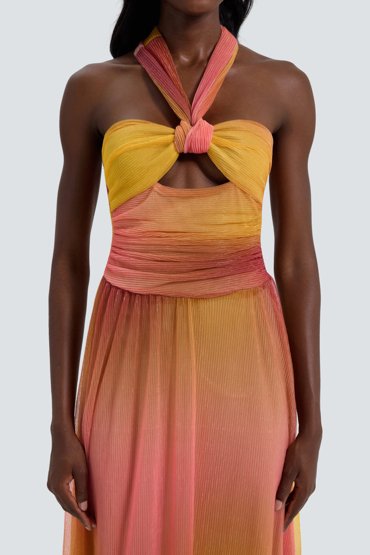 Valentina | Metallic Pleated Cutout Halter Maxi Dress