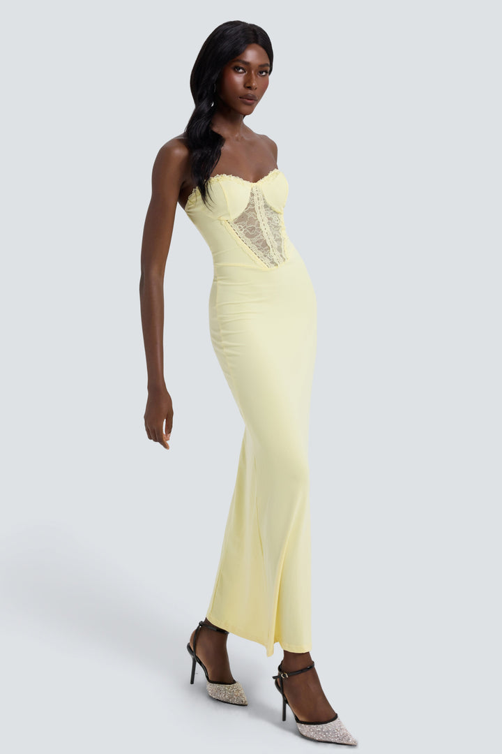 Thea | Off-Shoulder Lace Splice See-Through Maxi Dress