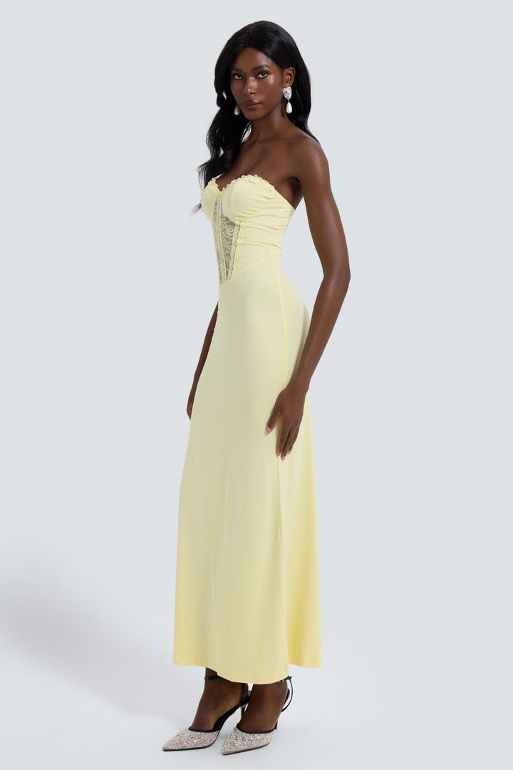 Thea | Off-Shoulder Lace Splice See-Through Maxi Dress