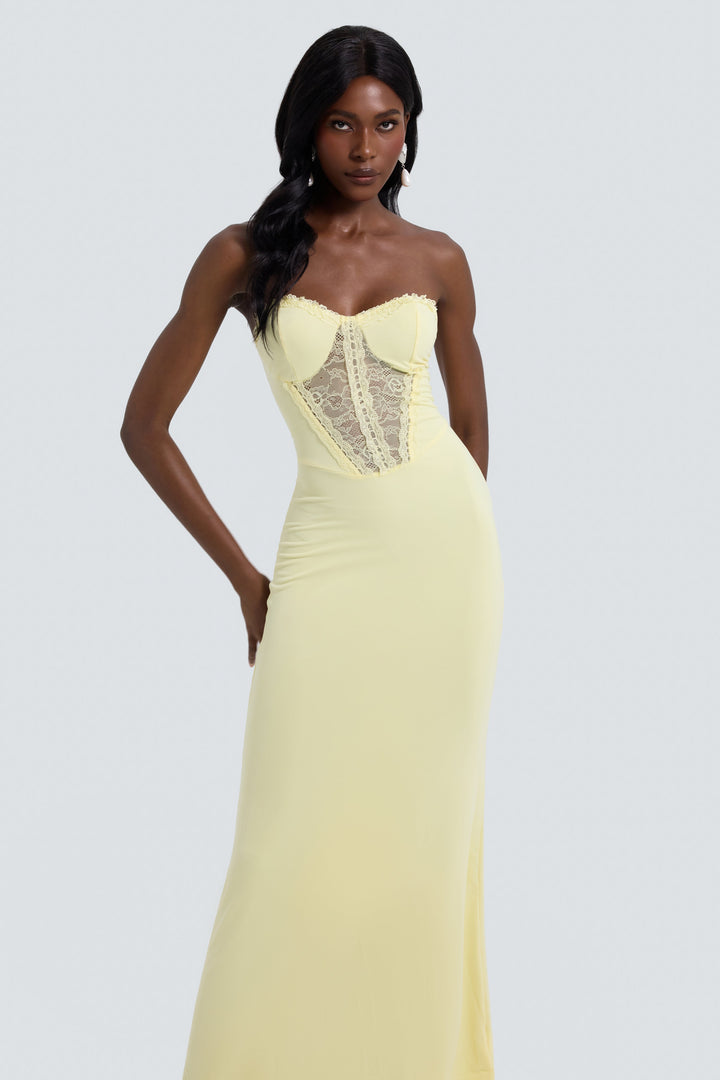 Thea | Off-Shoulder Lace Splice See-Through Maxi Dress