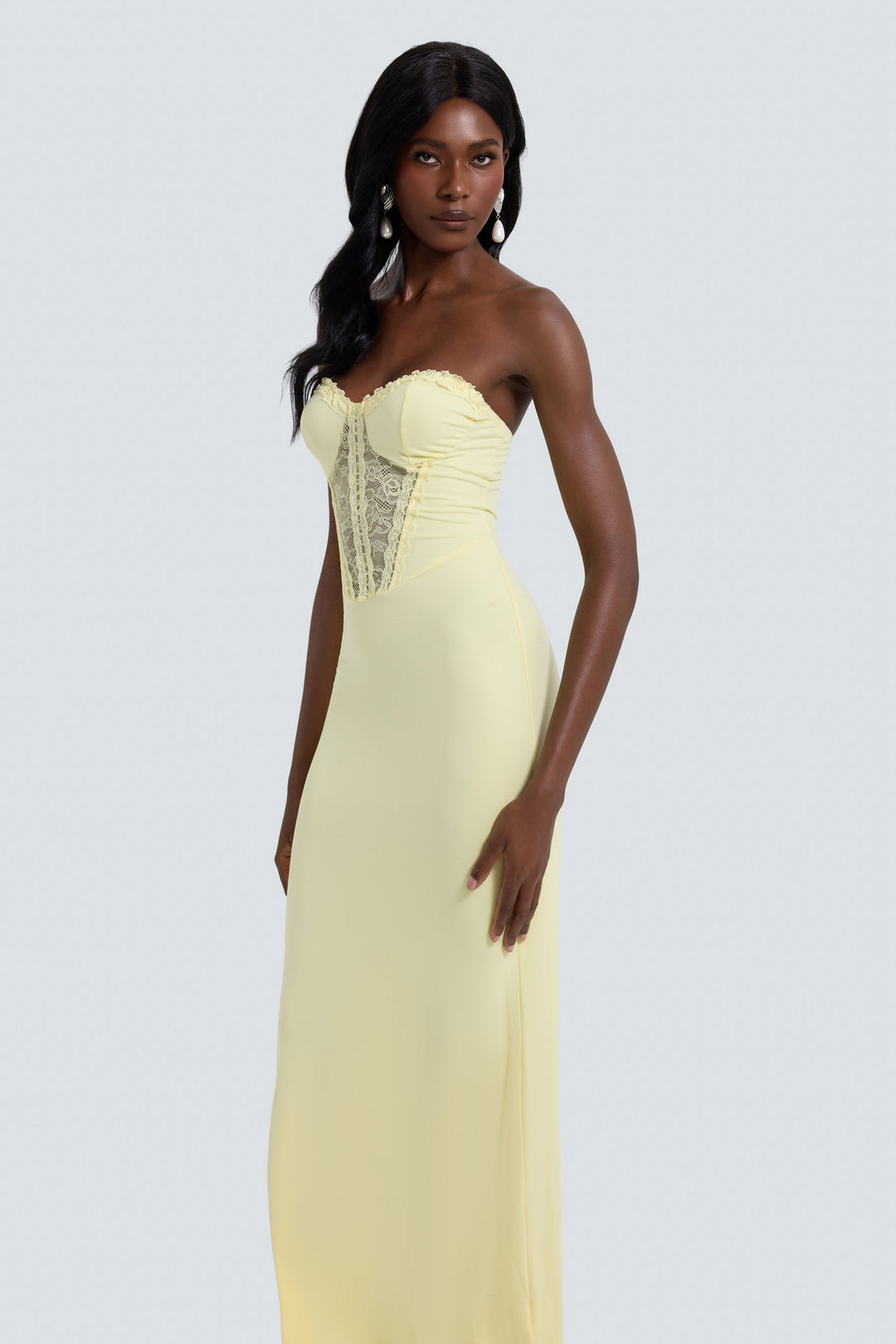 Thea | Off-Shoulder Lace Splice See-Through Maxi Dress