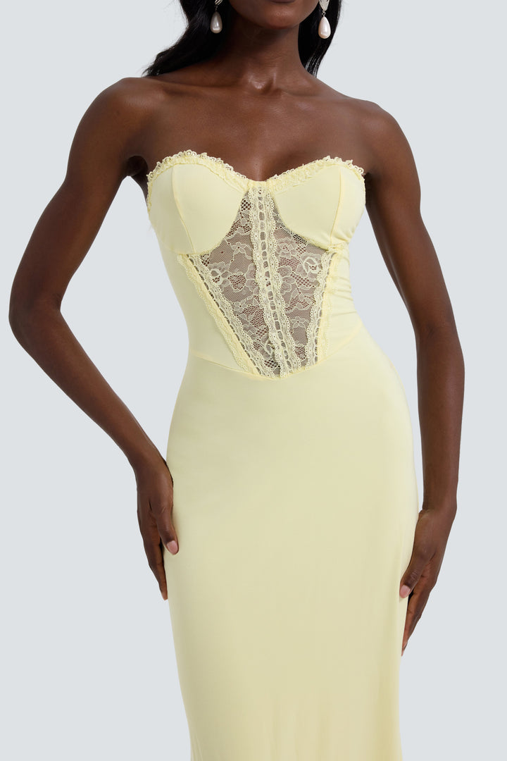 Thea | Off-Shoulder Lace Splice See-Through Maxi Dress