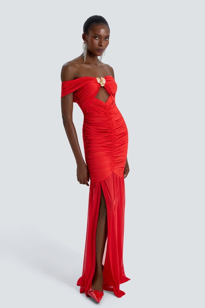 Xenia | Off-Shoulder Mesh Spliced Maxi Dress