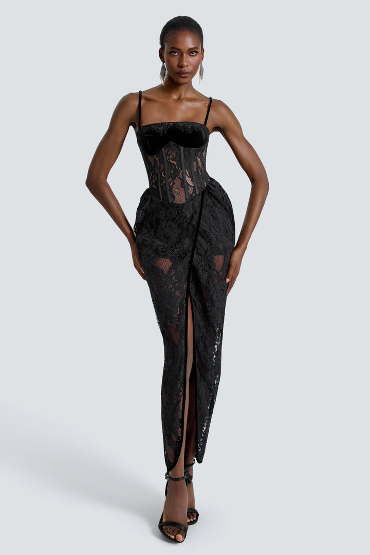 Giselle | Lace See-Through Side Slit Maxi Dress