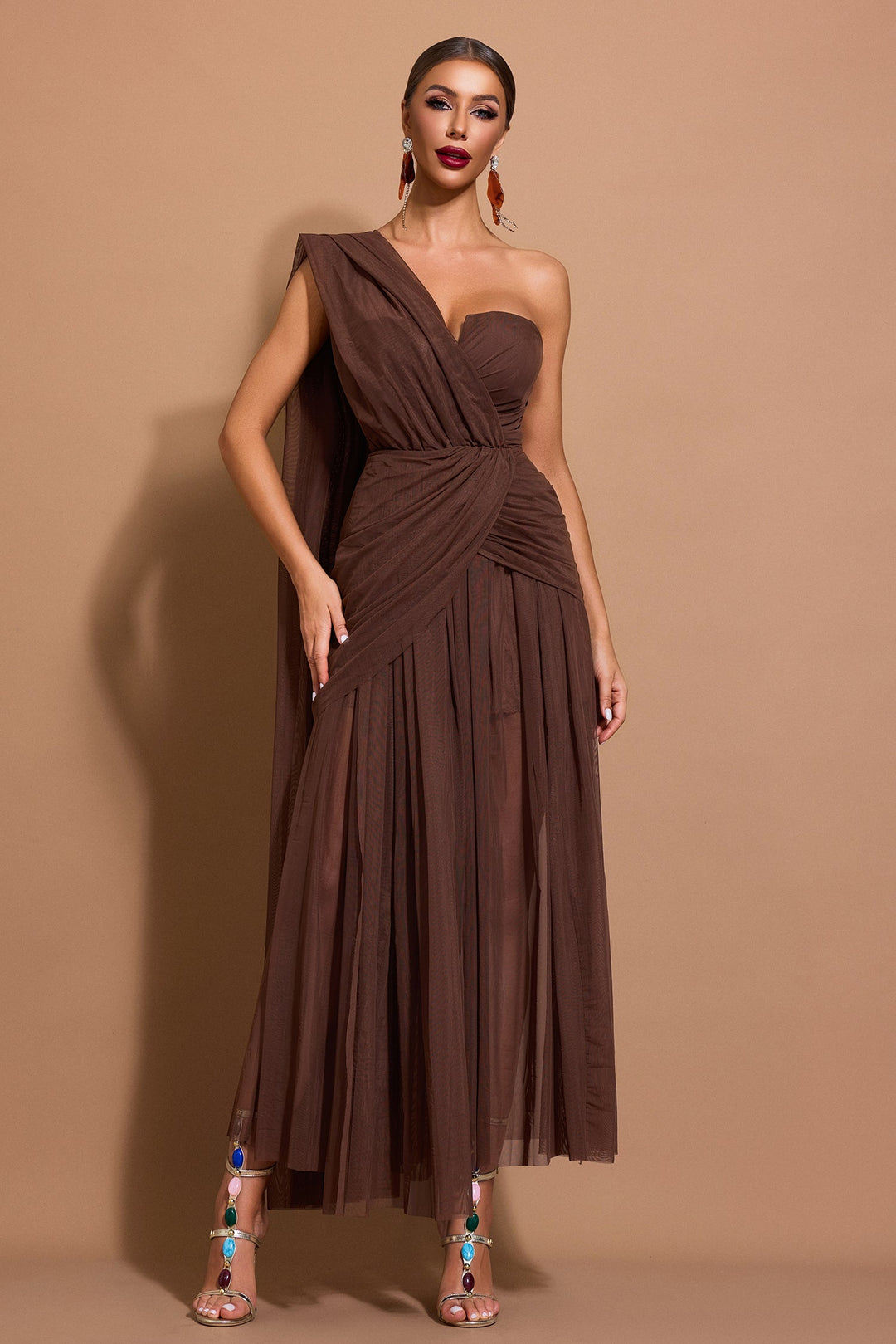 Marlowe | One-Shoulder Gathered Mesh Midi Dress