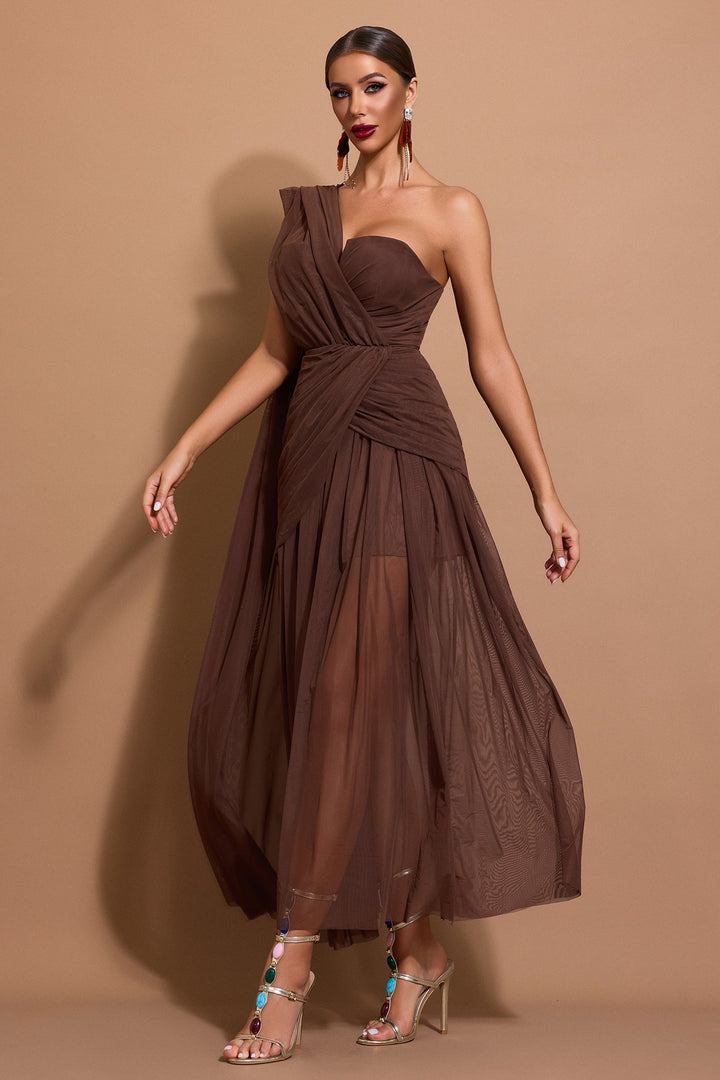 Marlowe | One-Shoulder Gathered Mesh Midi Dress