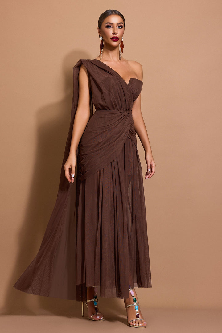 Marlowe | One-Shoulder Gathered Mesh Midi Dress