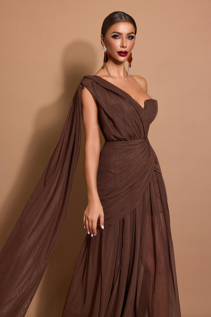 Marlowe | One-Shoulder Gathered Mesh Midi Dress